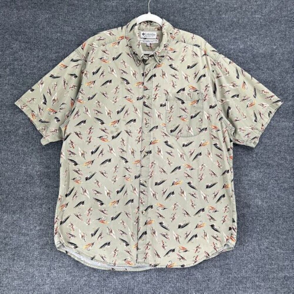 Columbia Short Sleeve Button Up Shirt Mens XL Beige Fly Fishing Lure Casual